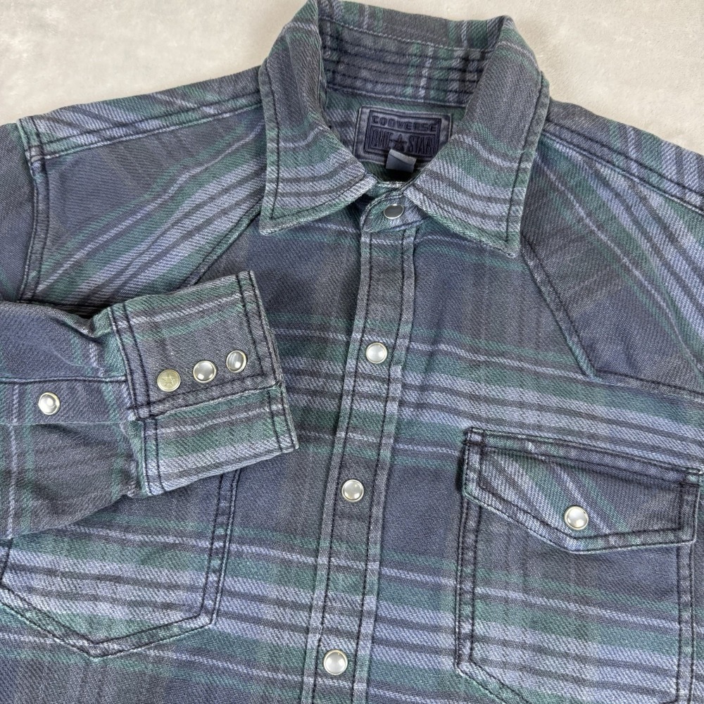 Converse One Star Mens Small Grey Green Plaid Western Flannel Snap Button Shirt